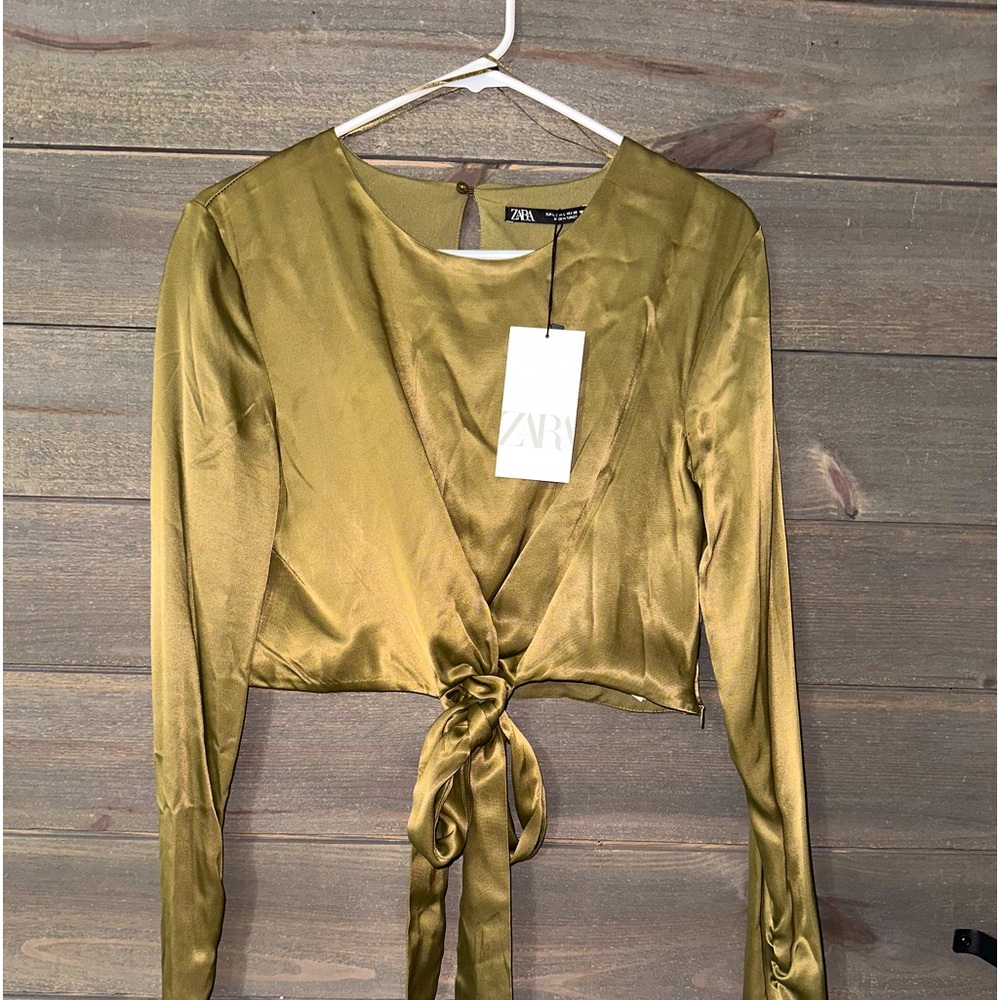 Zara Green Long Sleeve Wrap Crop Top
